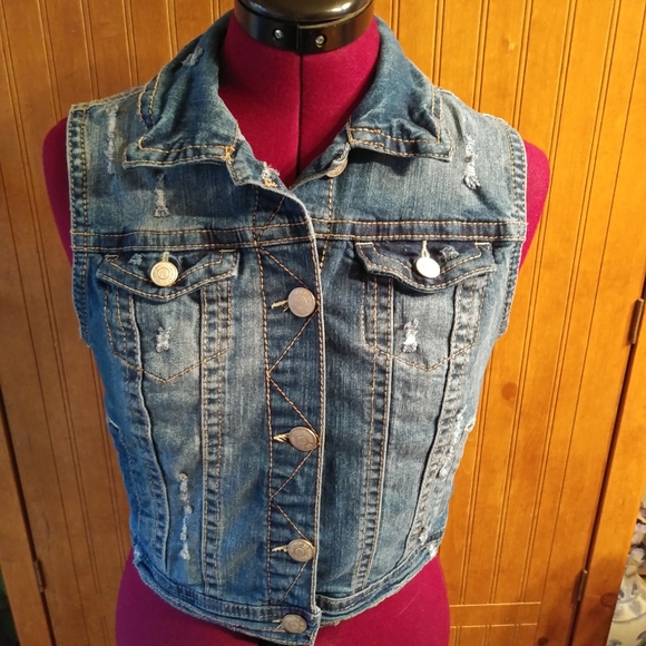 Wallflower Jackets & Blazers - Wallflower Distressed Cropped Blue Denim Vest